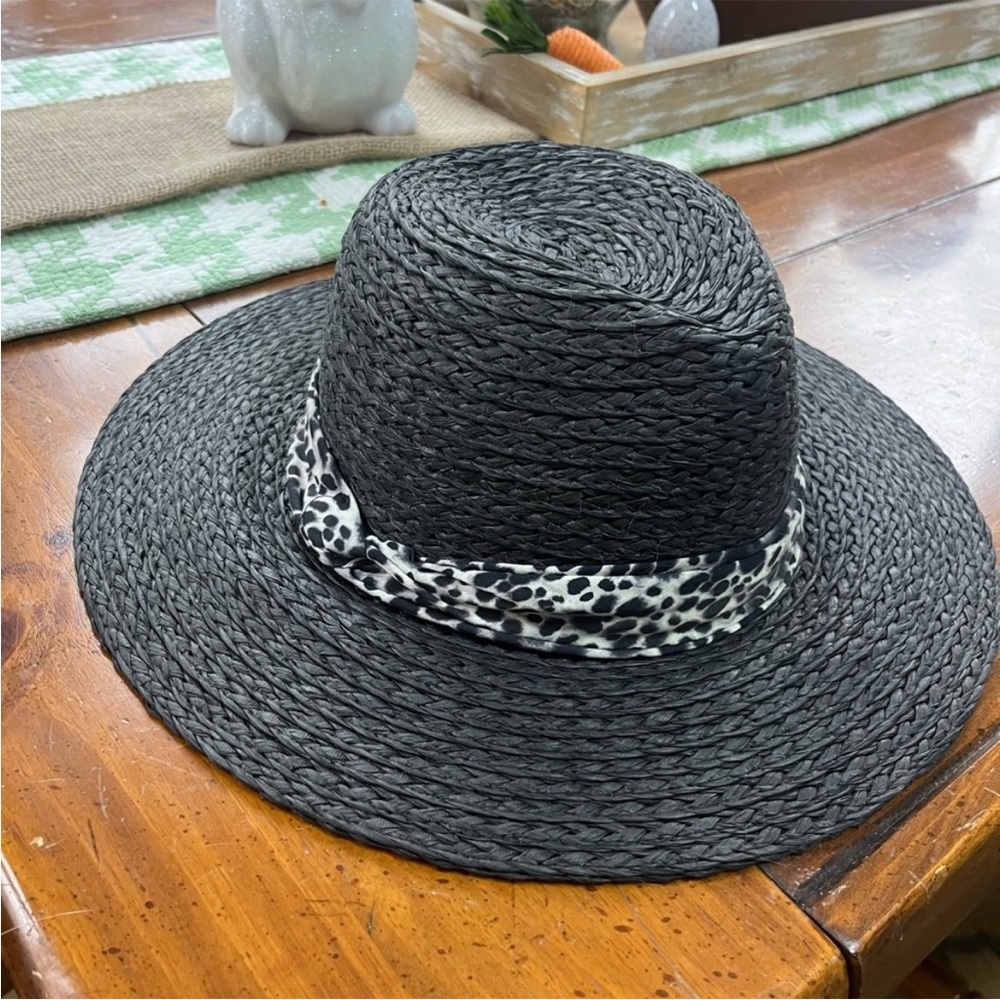 Black Straw Fedora Hat with Leopard Print Band - OS